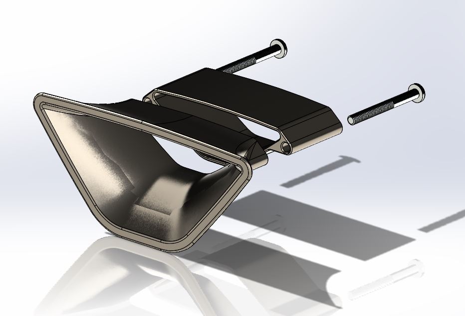 SolidWorks render of the two-piece seat belt pass-through and hardware.