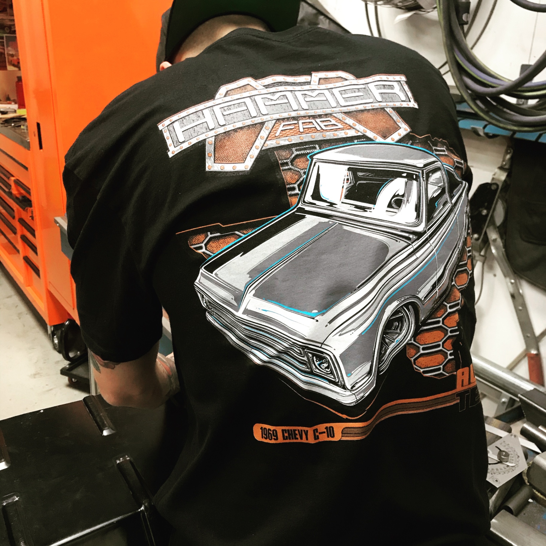 Hammer Fab 1969 Chevy C-10 tee worn in the shop