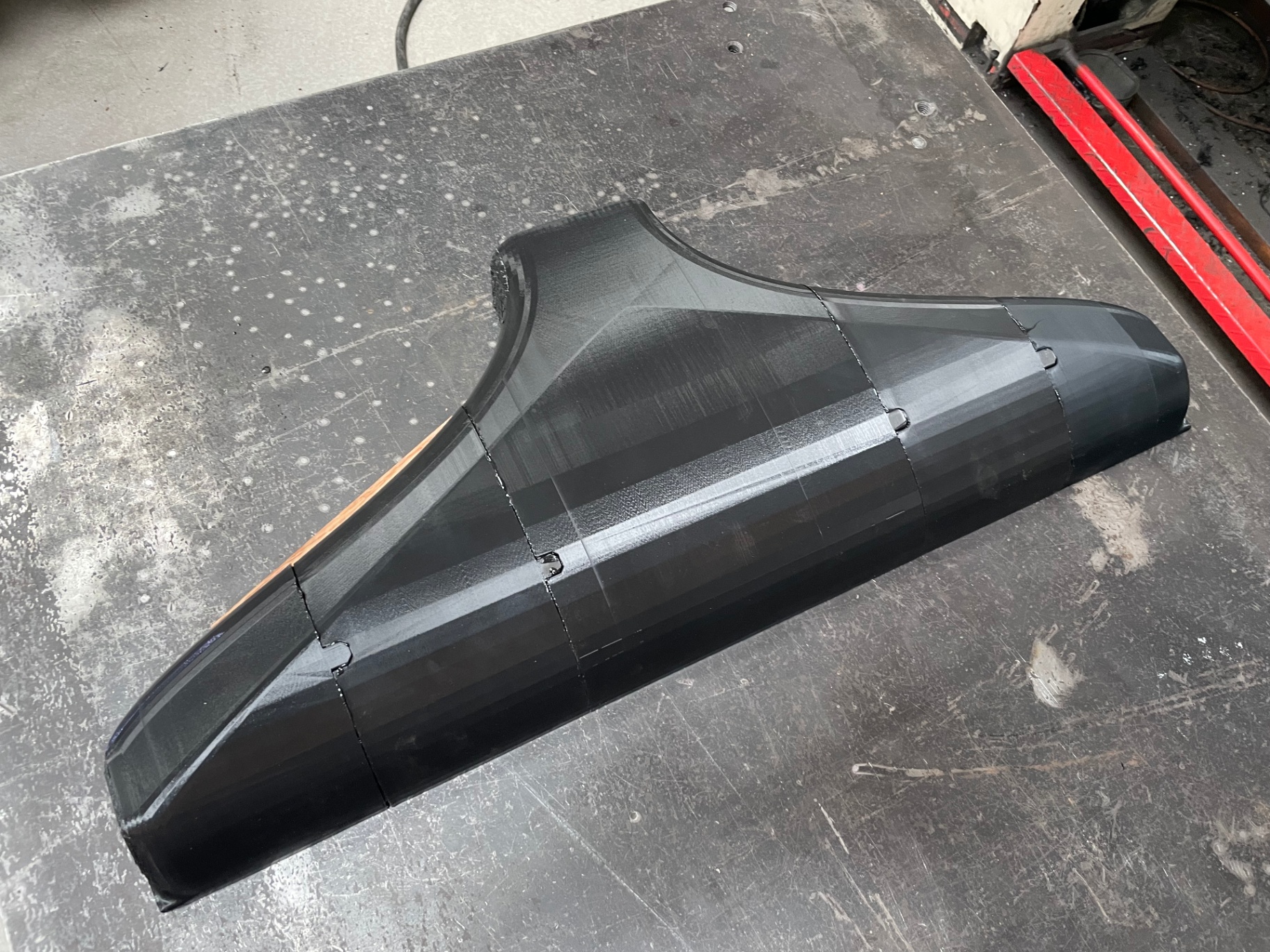 Assembled 3D print on the bench — the whole funnel geometry in one piece before it went out for CNC machining.