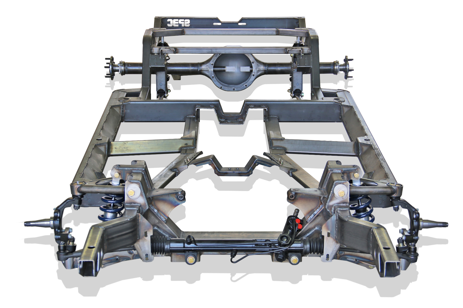 Head-on chassis view — front and rear geometry squared up on the SPEC frame.