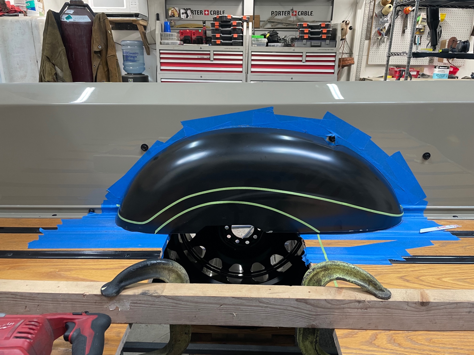 Tub mockup with fender panel taped off before final weld-in.