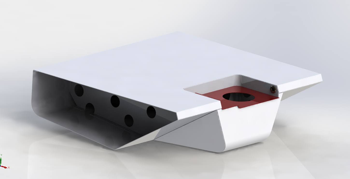 SolidWorks model — top view showing the main tank body and the recessed sender pocket.