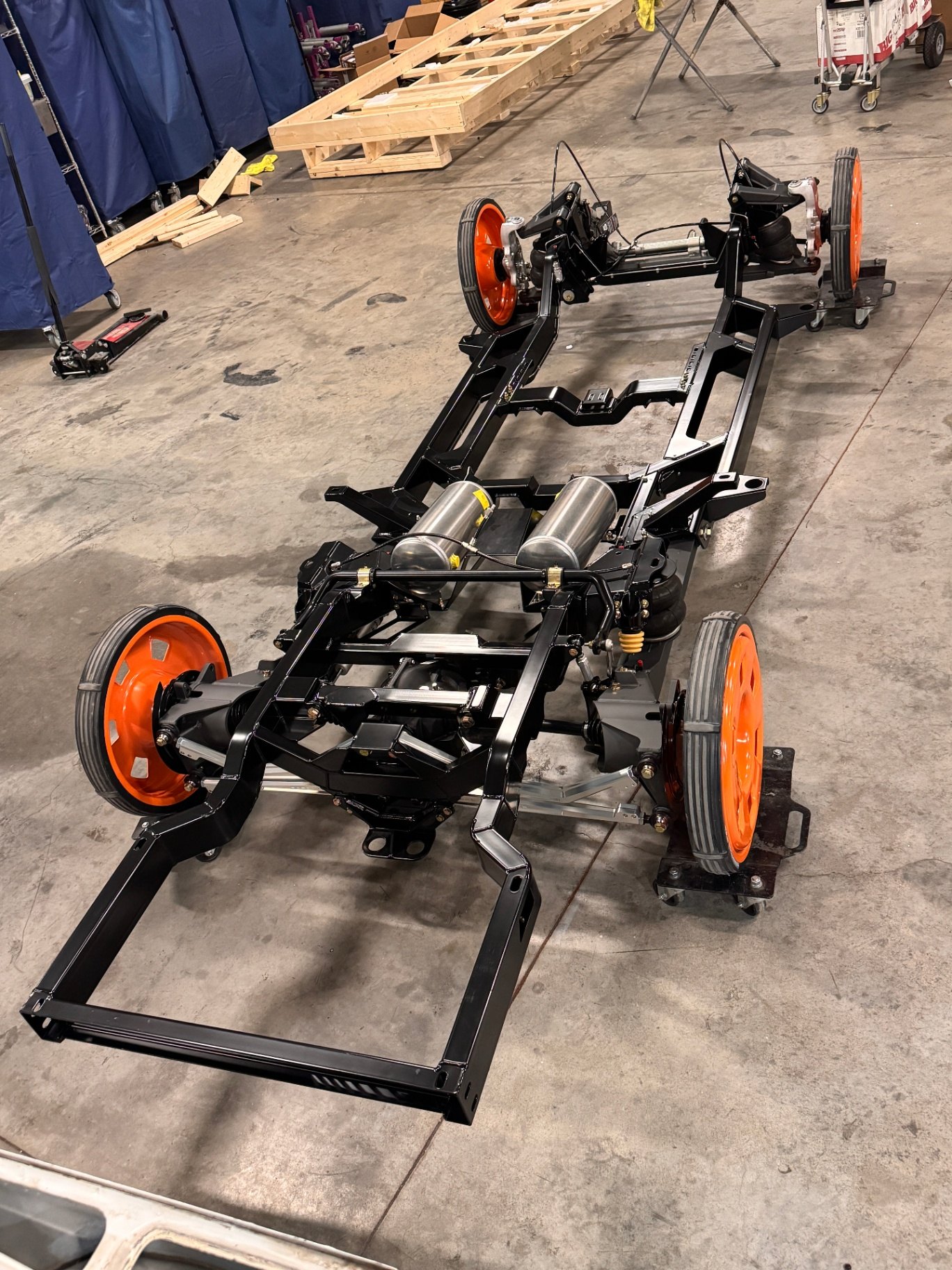 The Roadster Shop "Low Pro" chassis fresh out of the crate, complete with aluminum air tanks.