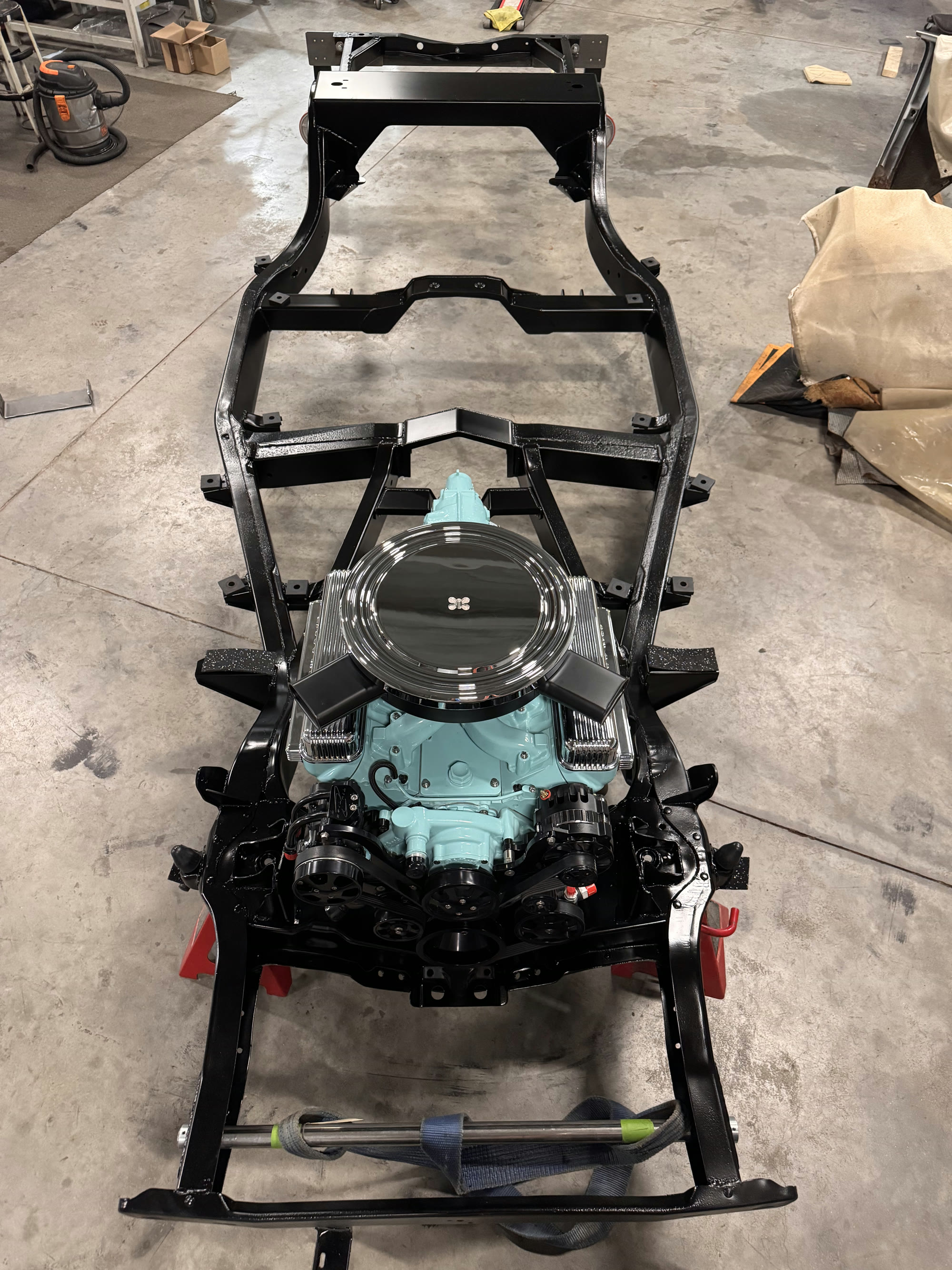 Full chassis assembly — suspension, drivetrain and crossmembers in place