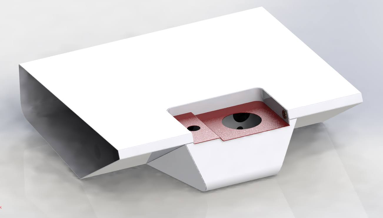 CAD view of the recessed sender pocket, vent bung, and sight-glass cutouts.