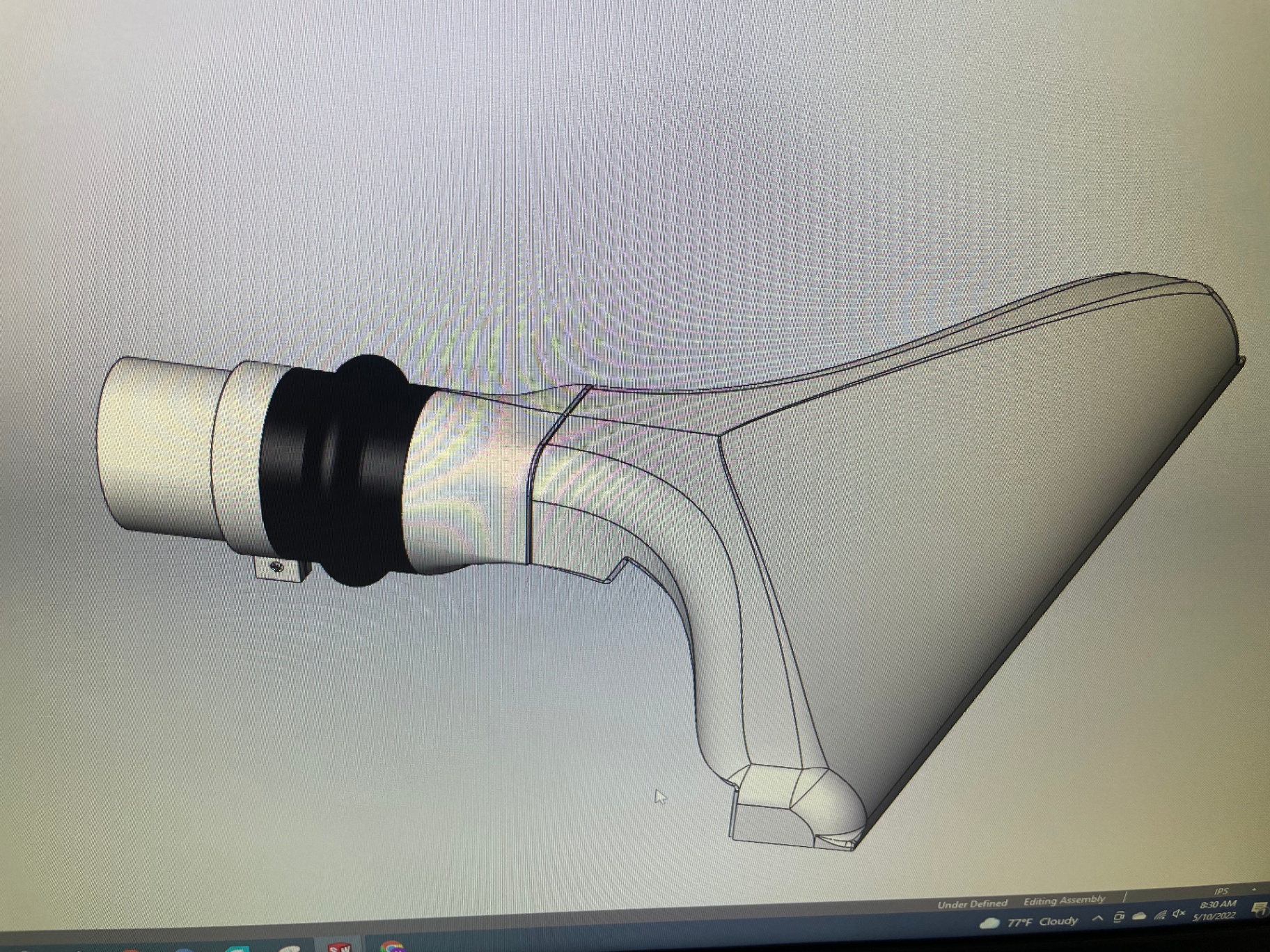 SolidWorks screen capture of the funnel — designed in house at Hammer Fab around the intercooler outlet and plenum inlet.