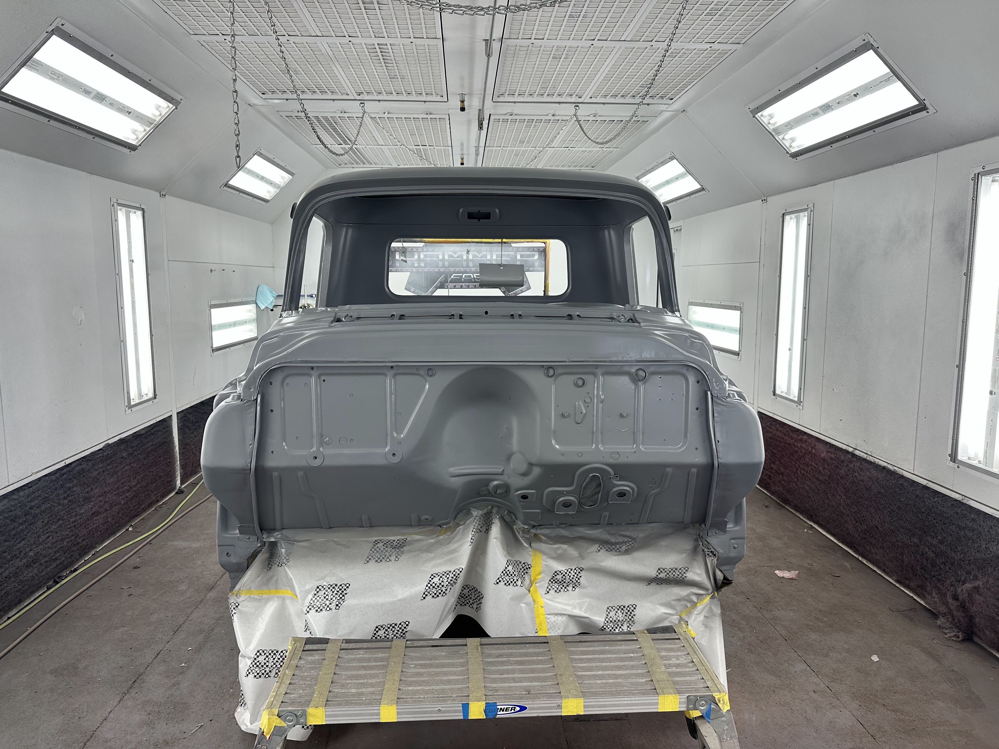 Straight on from the rear, primer laid down and ready to block.
