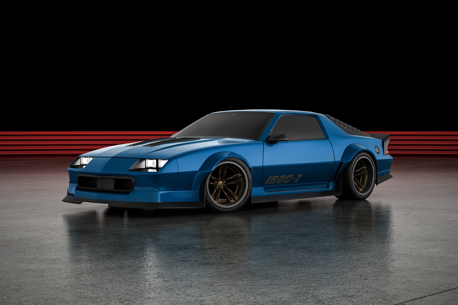 Front three-quarter — steel flares, front splitter, and gold wheels under the arches.