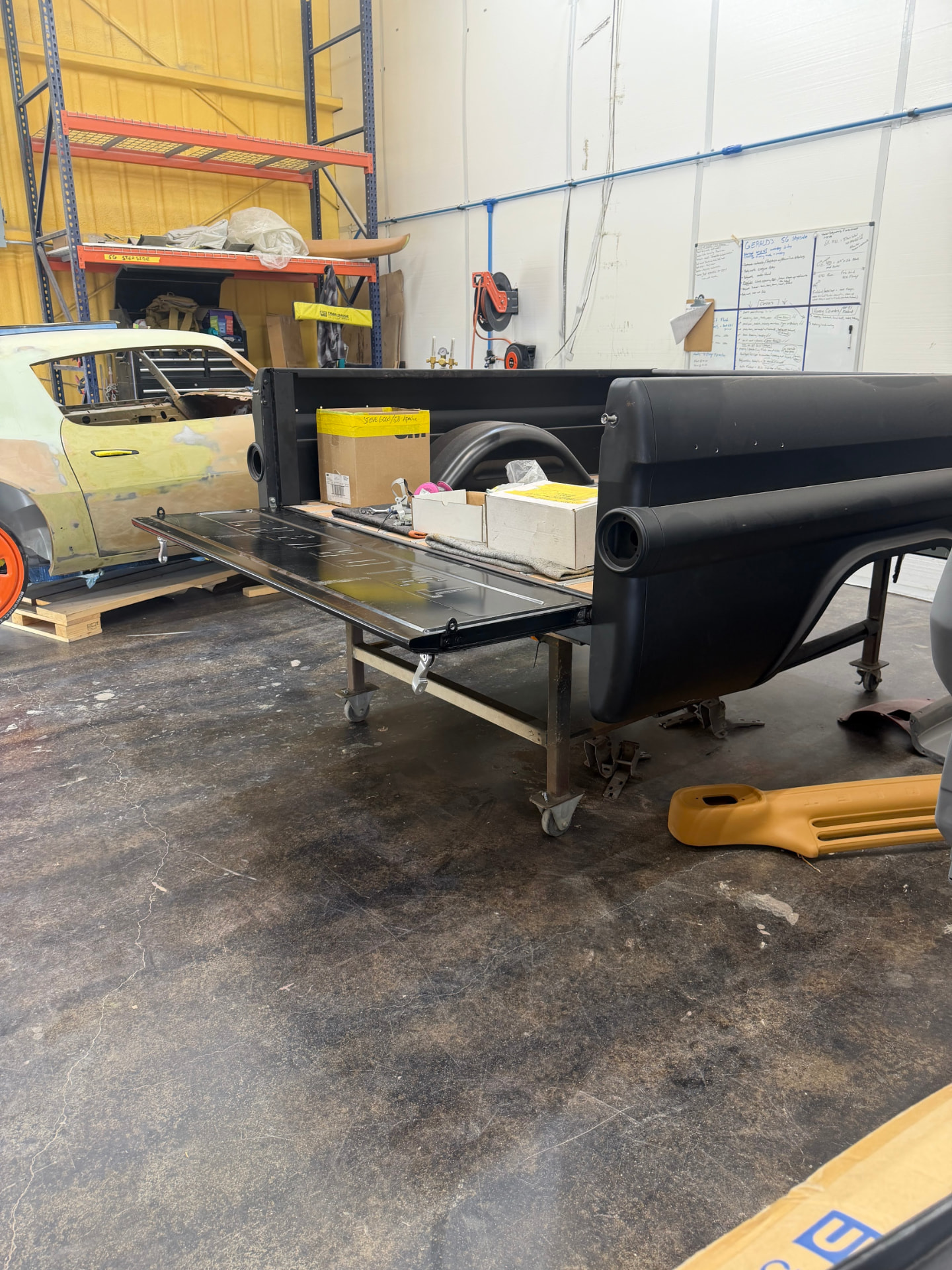 Bed and tailgate mocked up in the shop to set the latch positions.
