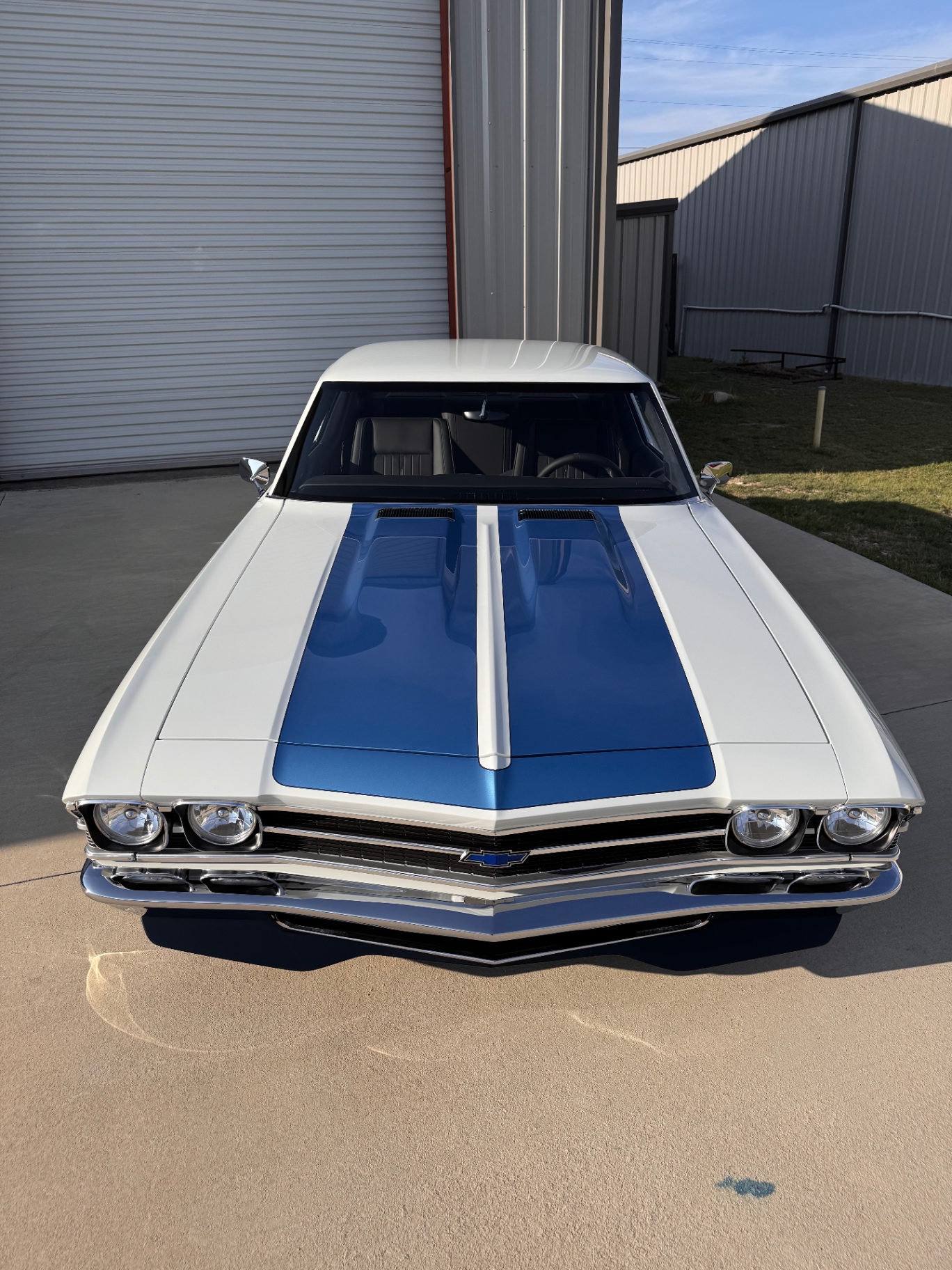 Overhead front — hood scoops and stripe geometry.