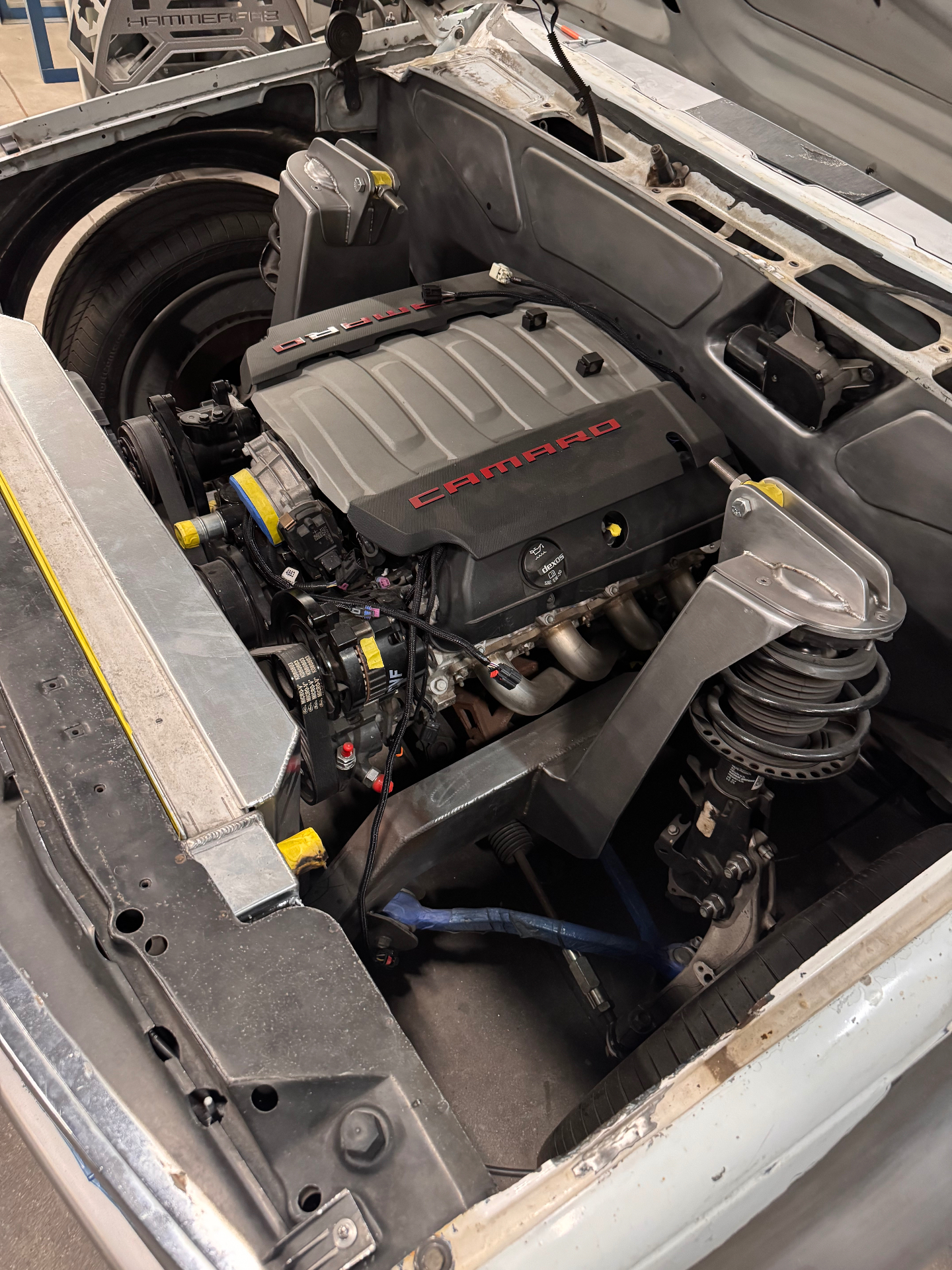 Camaro suspension and boxed rails in the Tahoe chassis.