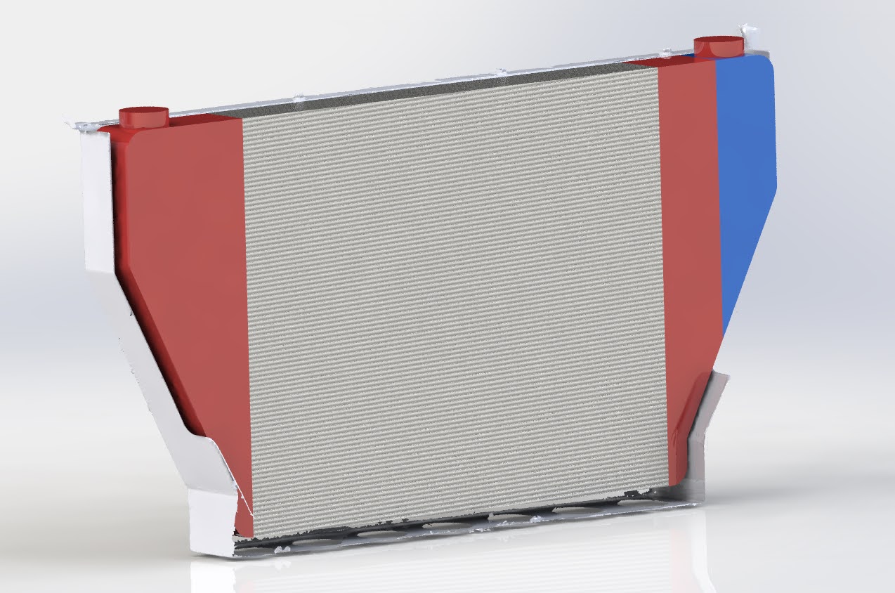 Custom radiator laid out in SolidWorks to fit the reworked front end.