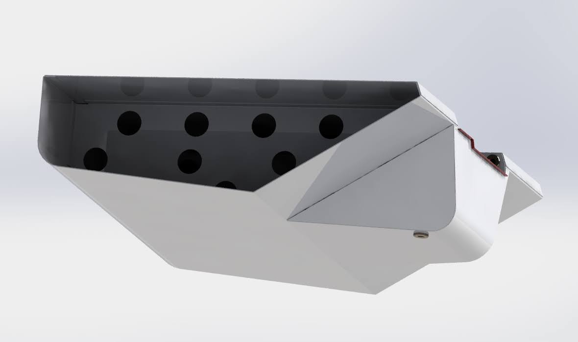 Underside CAD view — internal baffling and the angled kick to clear the driveshaft.