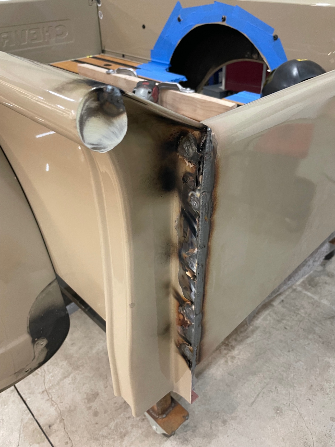 Bed box seams welded solid before body work.
