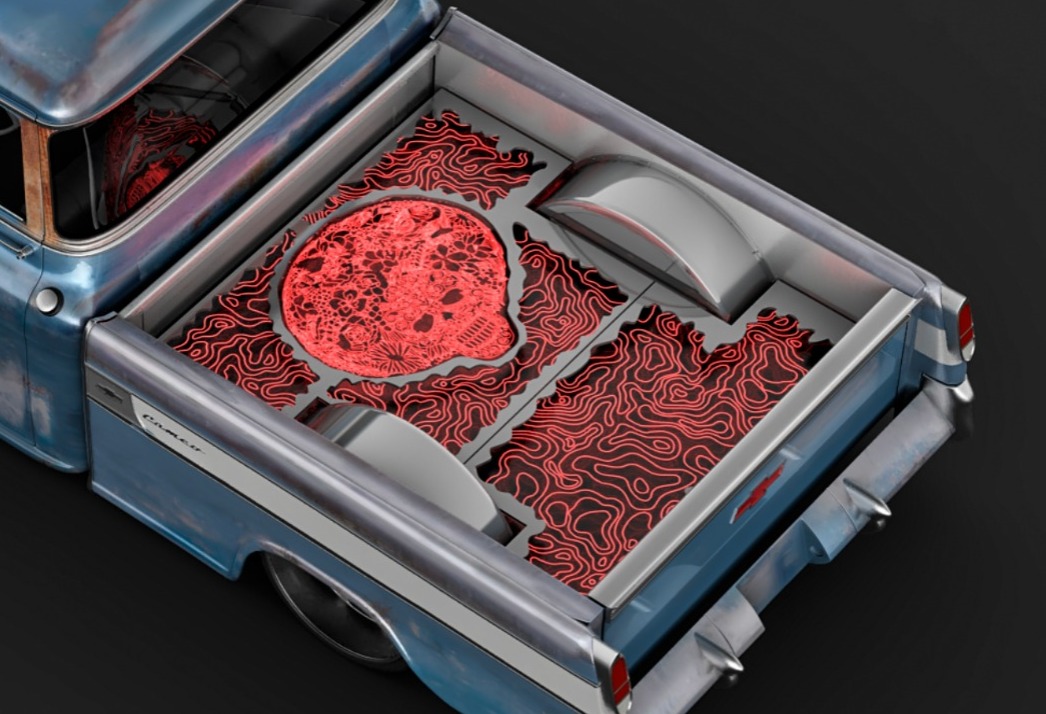 Concept render — backlit acrylic bed floor with sugar-skull and topo pattern. Design study, never built.