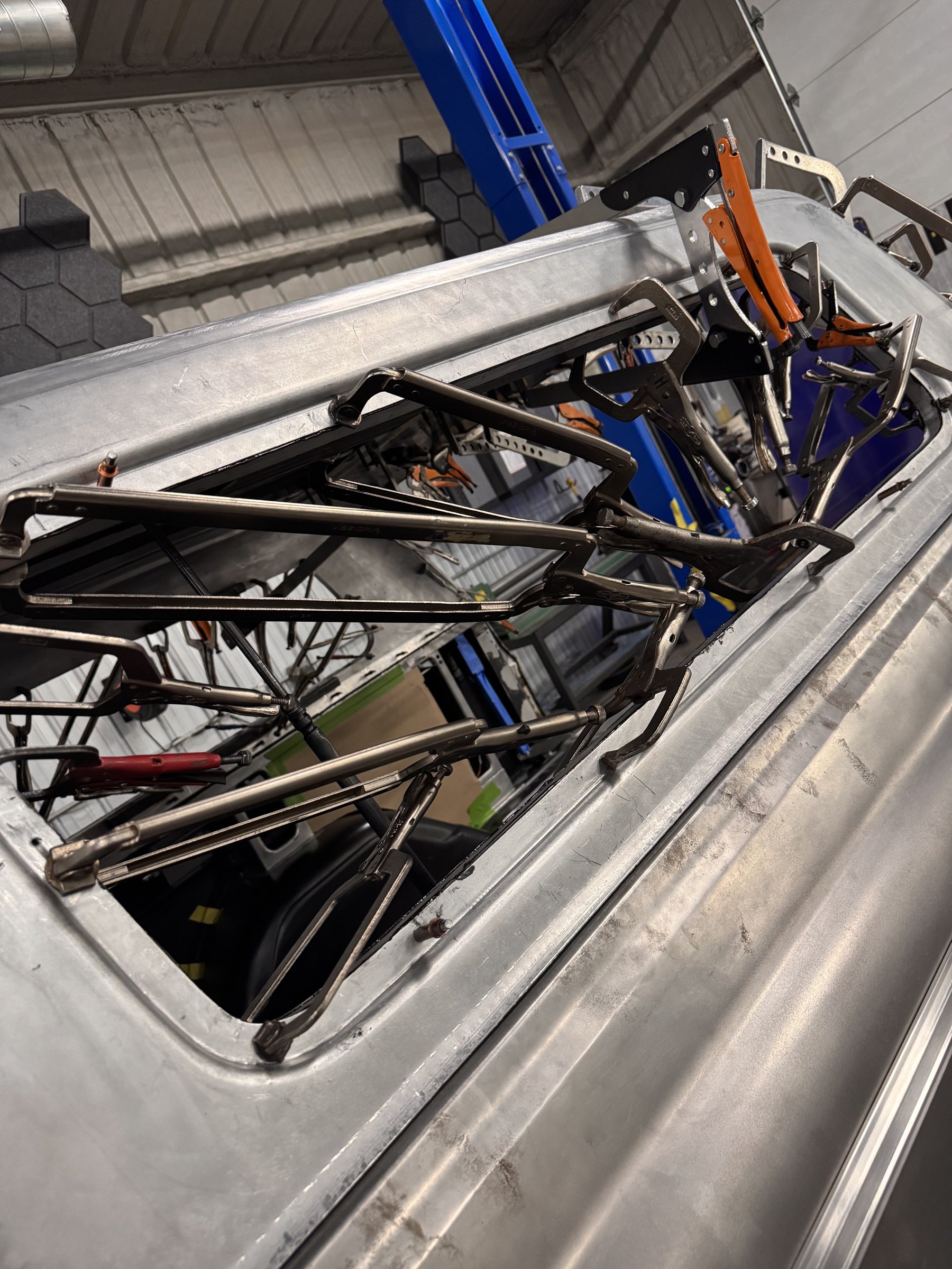 Looking down into the clamped roof and window openings.