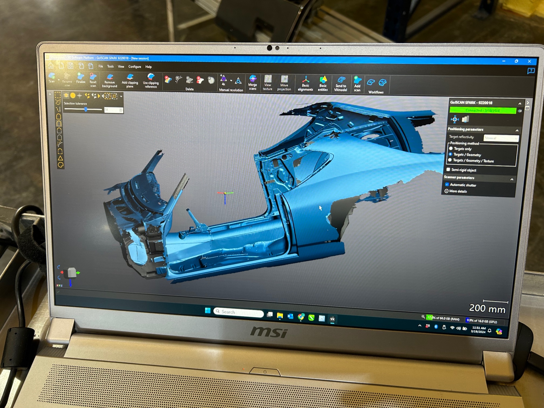 3D scan data of the inner structure captured in GoSCAN SPARK — the base for every Fusion 360 panel.