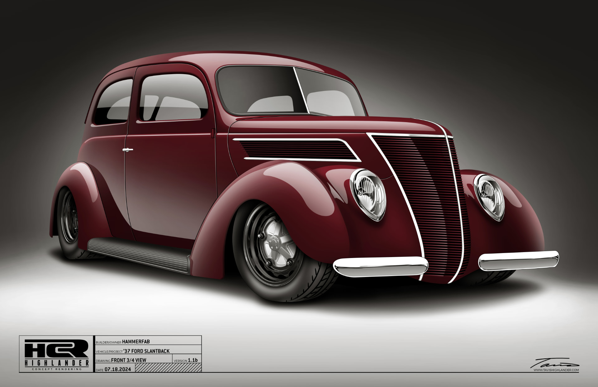 Same car studied in deep maroon.
