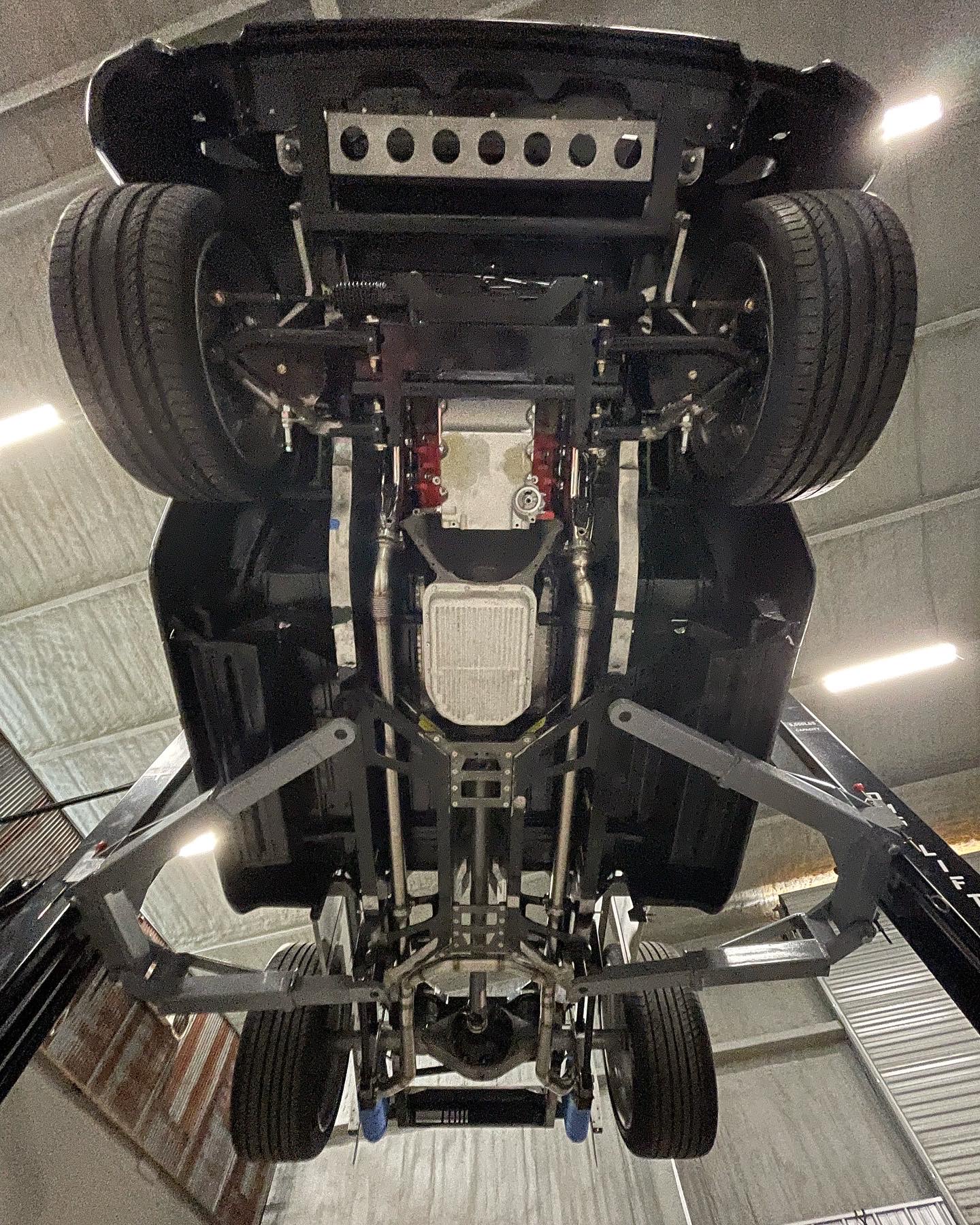 Chassis from below — Roadster Shop SPEC platform with air-ride.