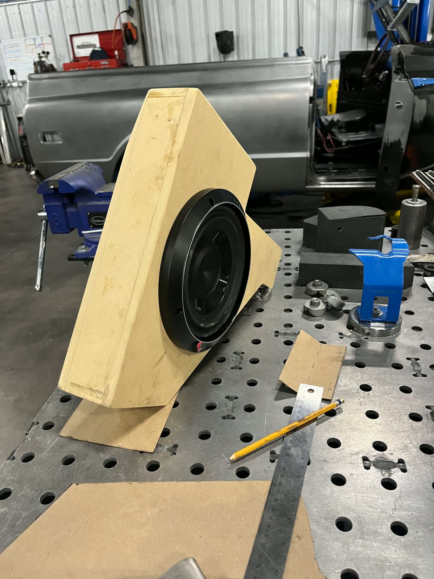 Assembled enclosure with the subwoofer test-fit.