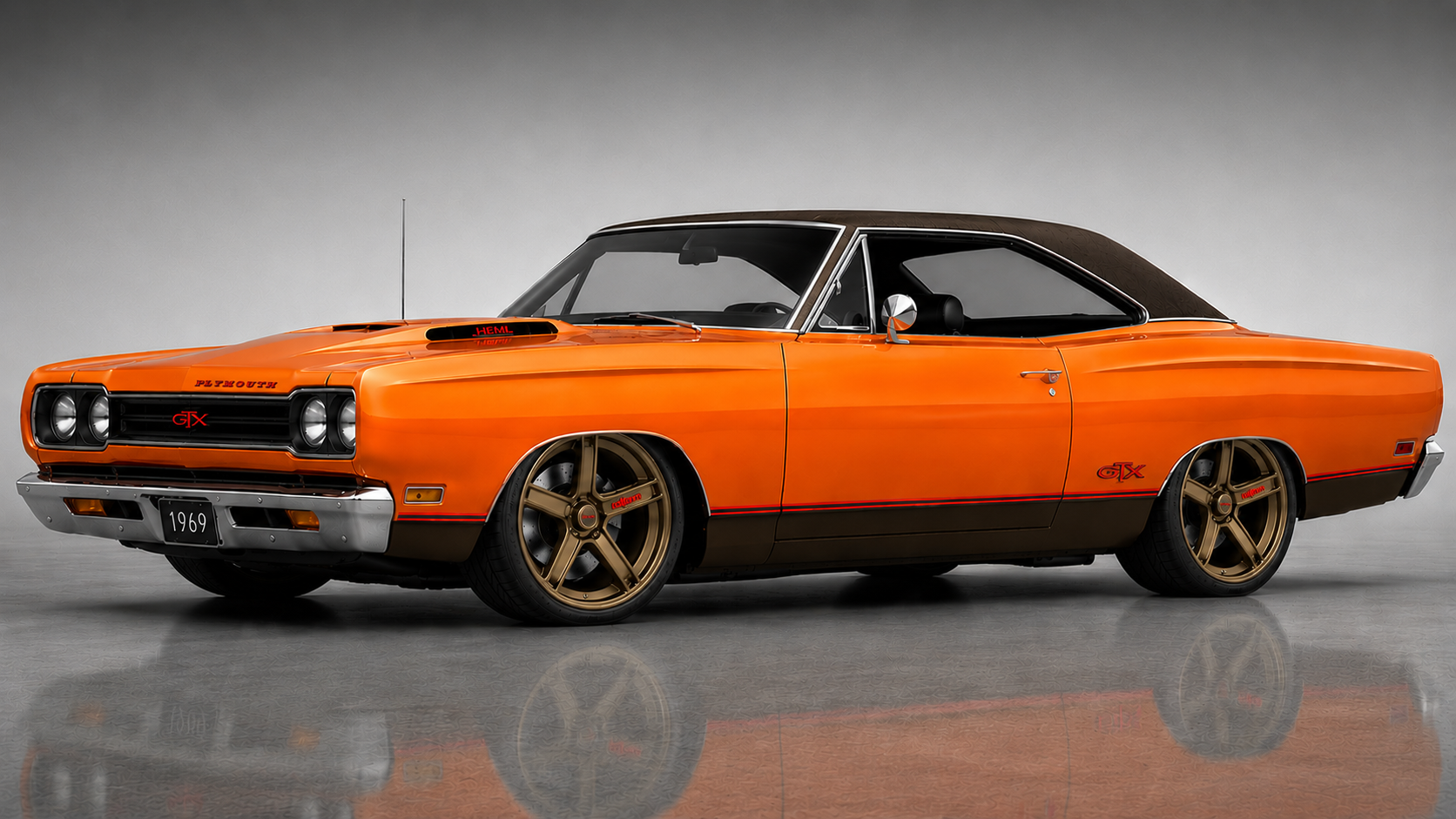 Same orange with a brown top and bronze wheels.