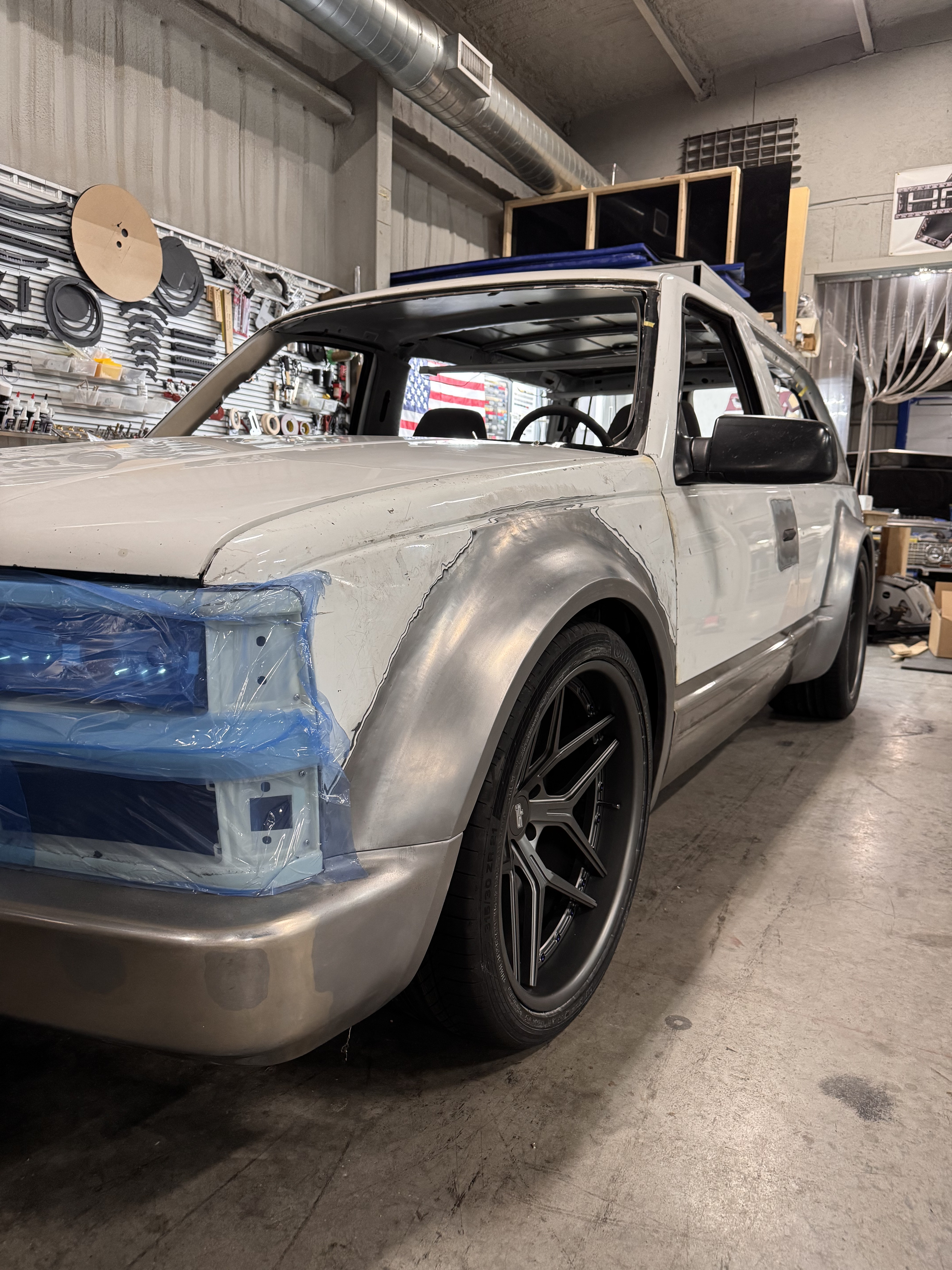 Front end mocked up ahead of inner fender and engine bay work.