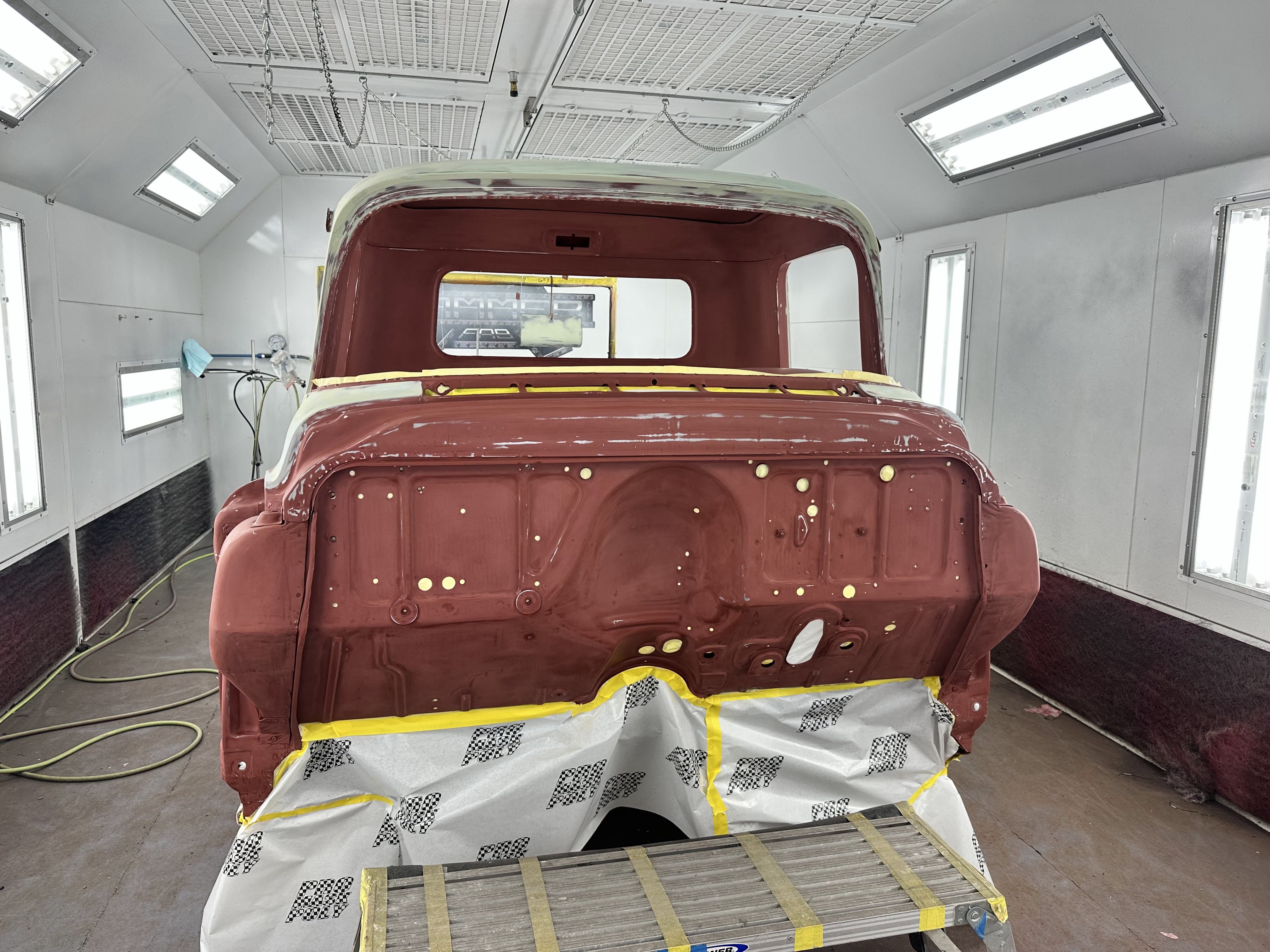 Epoxy-primed cab in the booth before the high build went on.