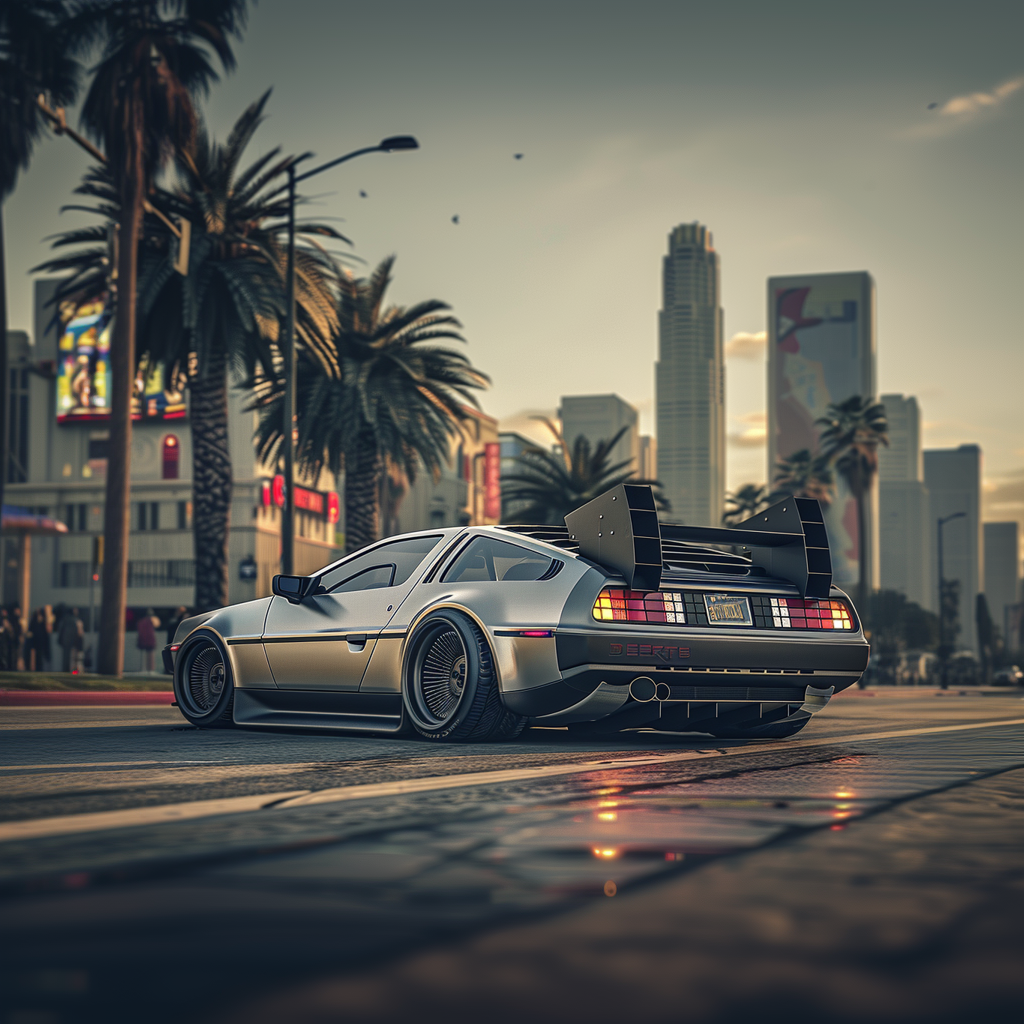 Street render — gullwings up, city backdrop.