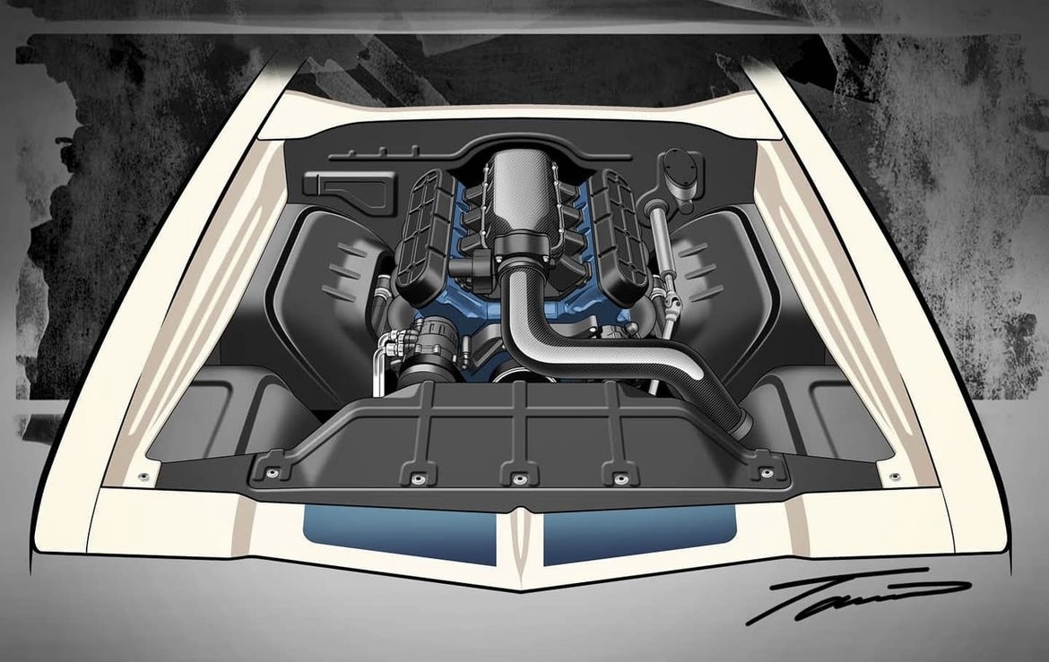 Engine bay rendering — LS3 with custom intake and smoothed inner fenders.