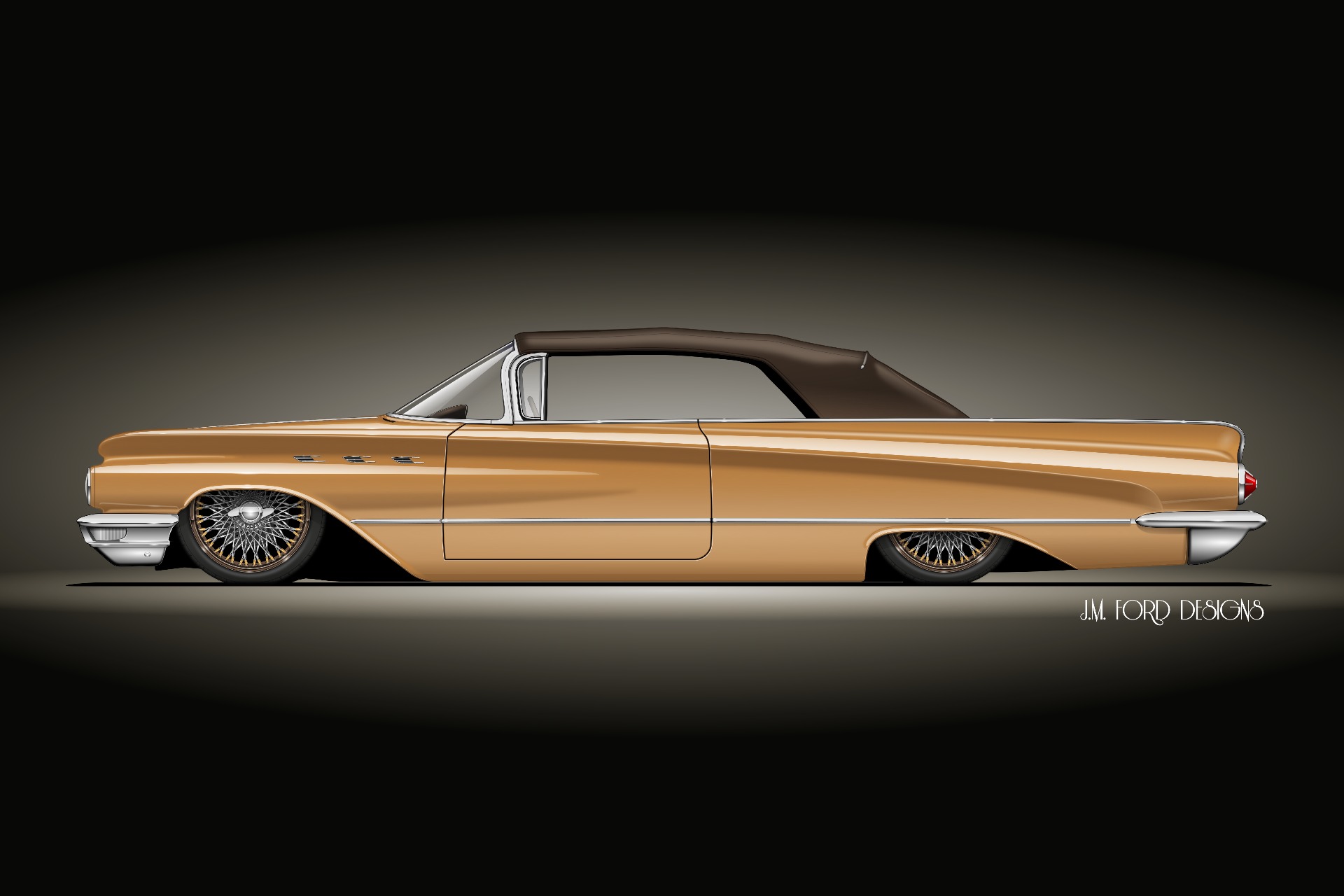 1960 Buick convertible rendering with wire wheels and low stance