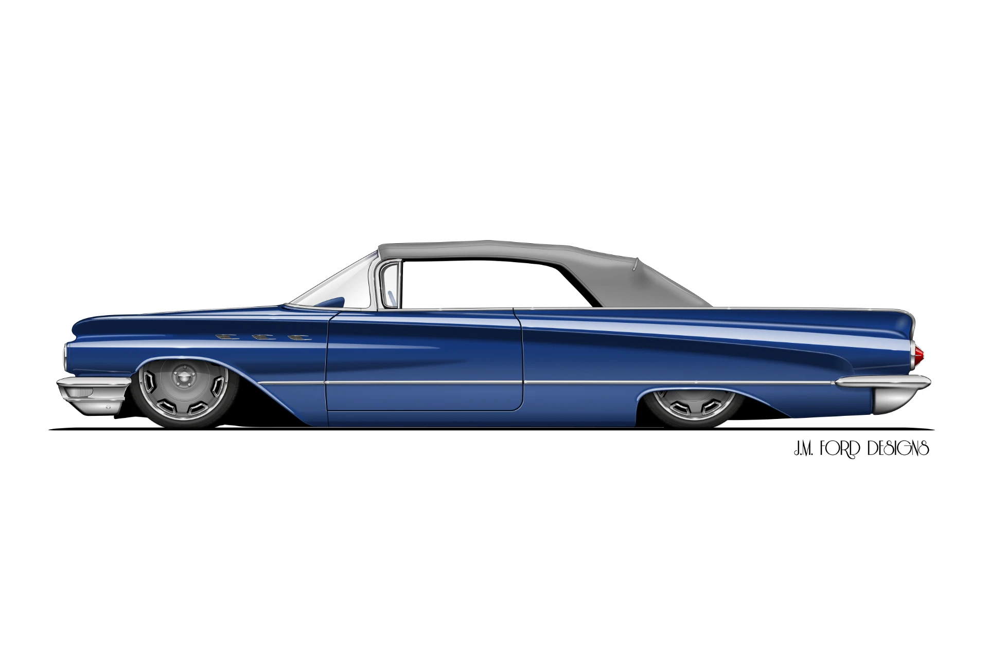 Deep blue with a gray top and machined five-spokes.