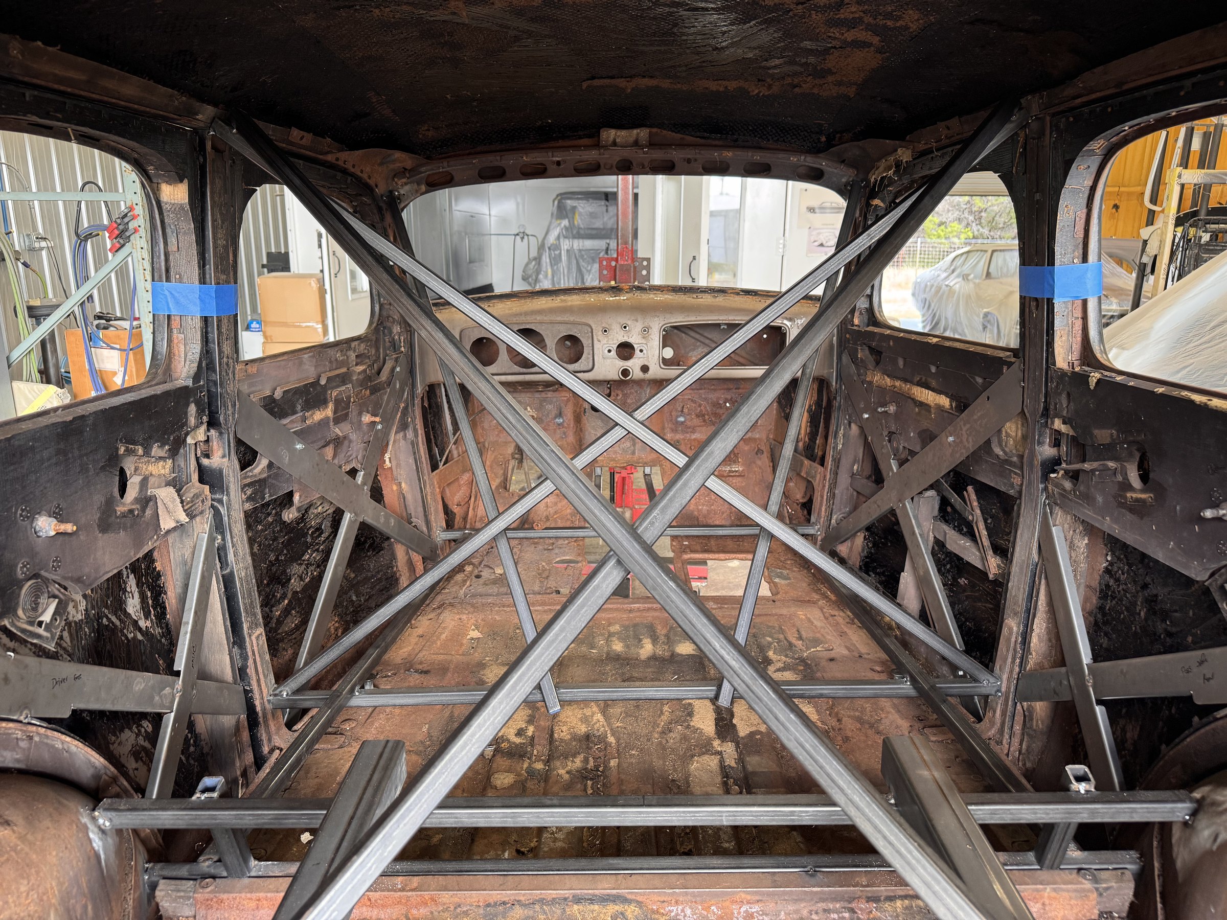 Looking forward from the rear cabin — bracing over the original dash.