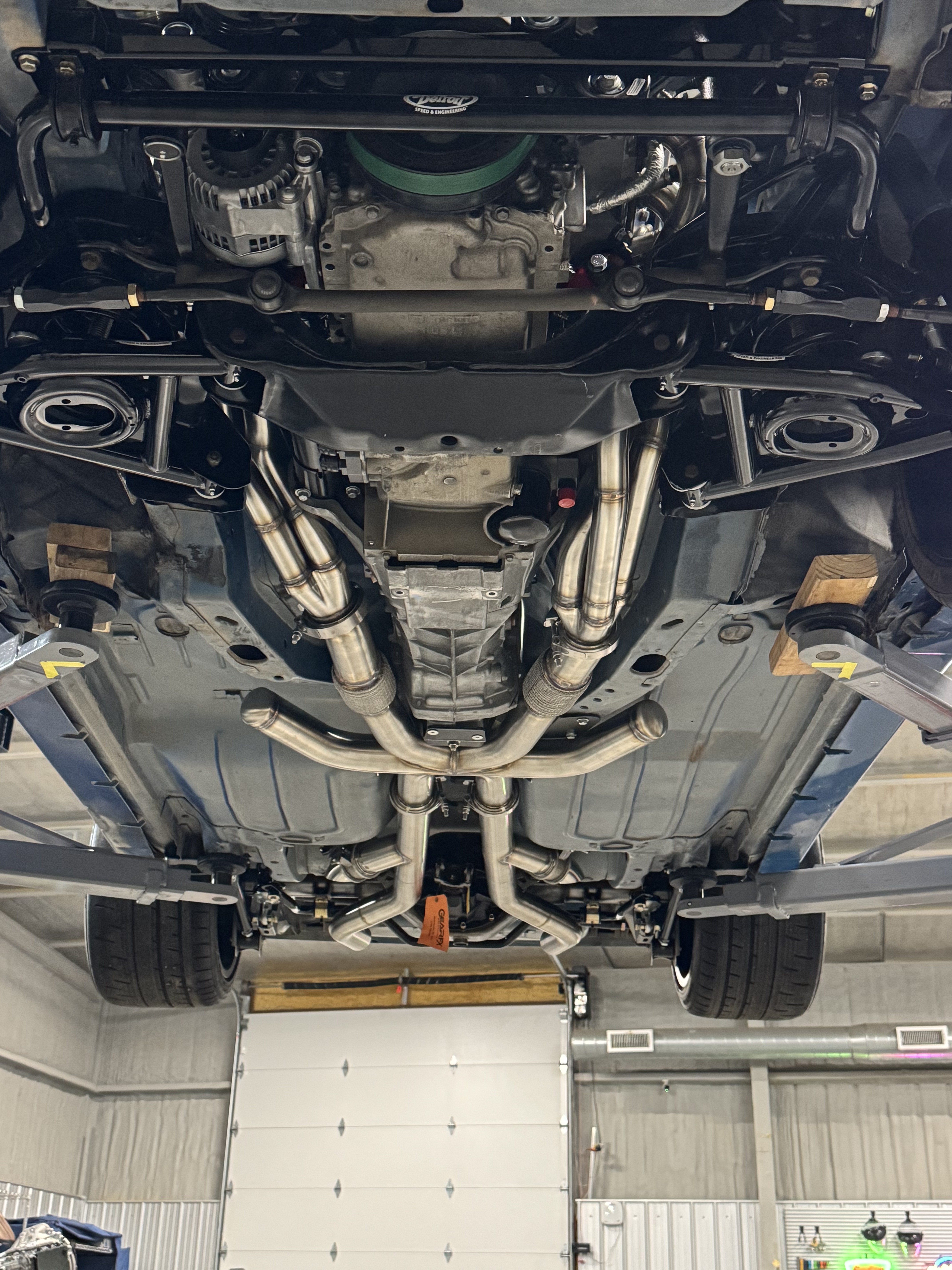 The finished 3-inch stainless system from headers to mono muffler — fully fabricated in house.