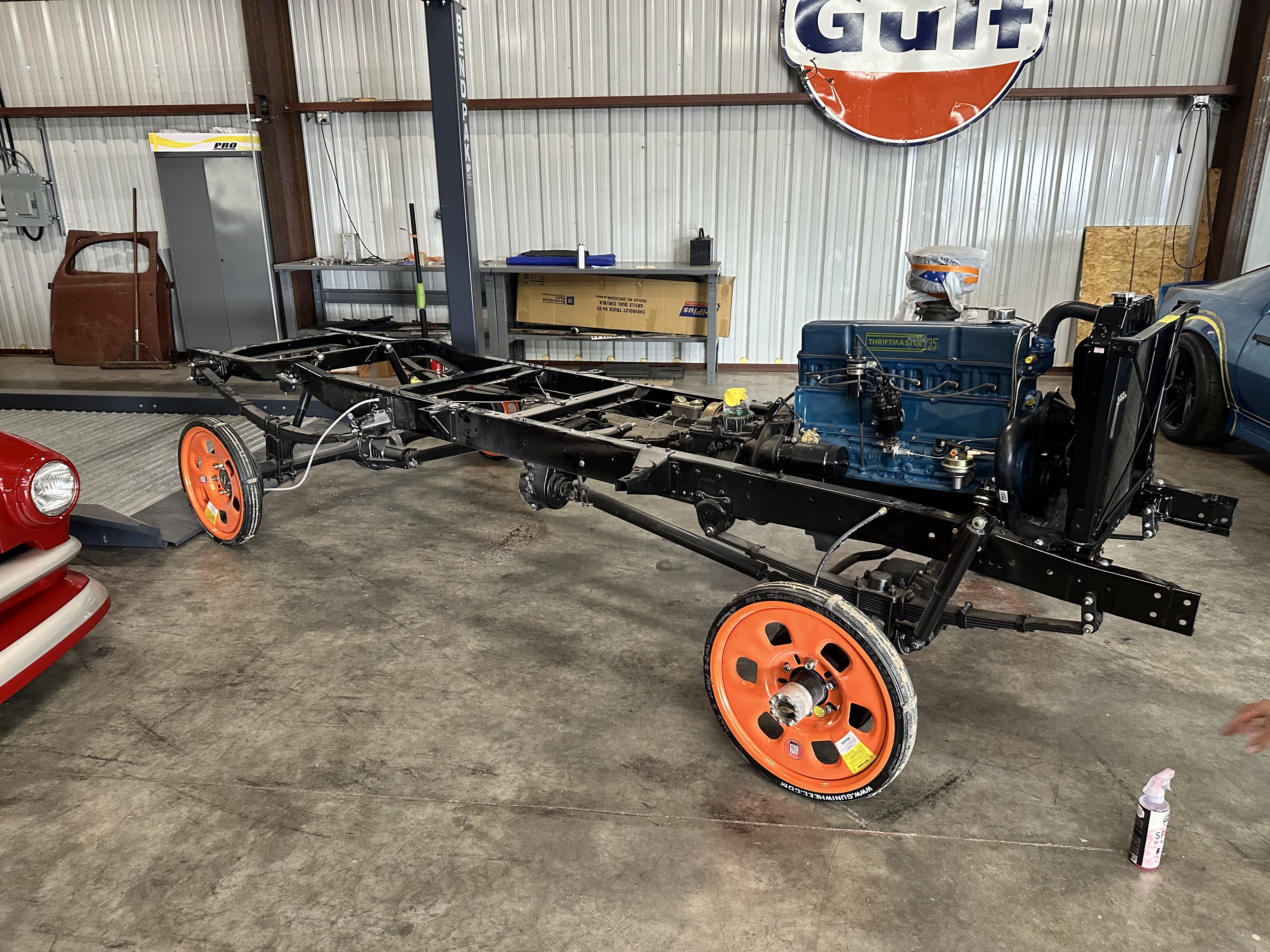 Body off, rolling chassis with the Thriftmaster 235 back in the nose.