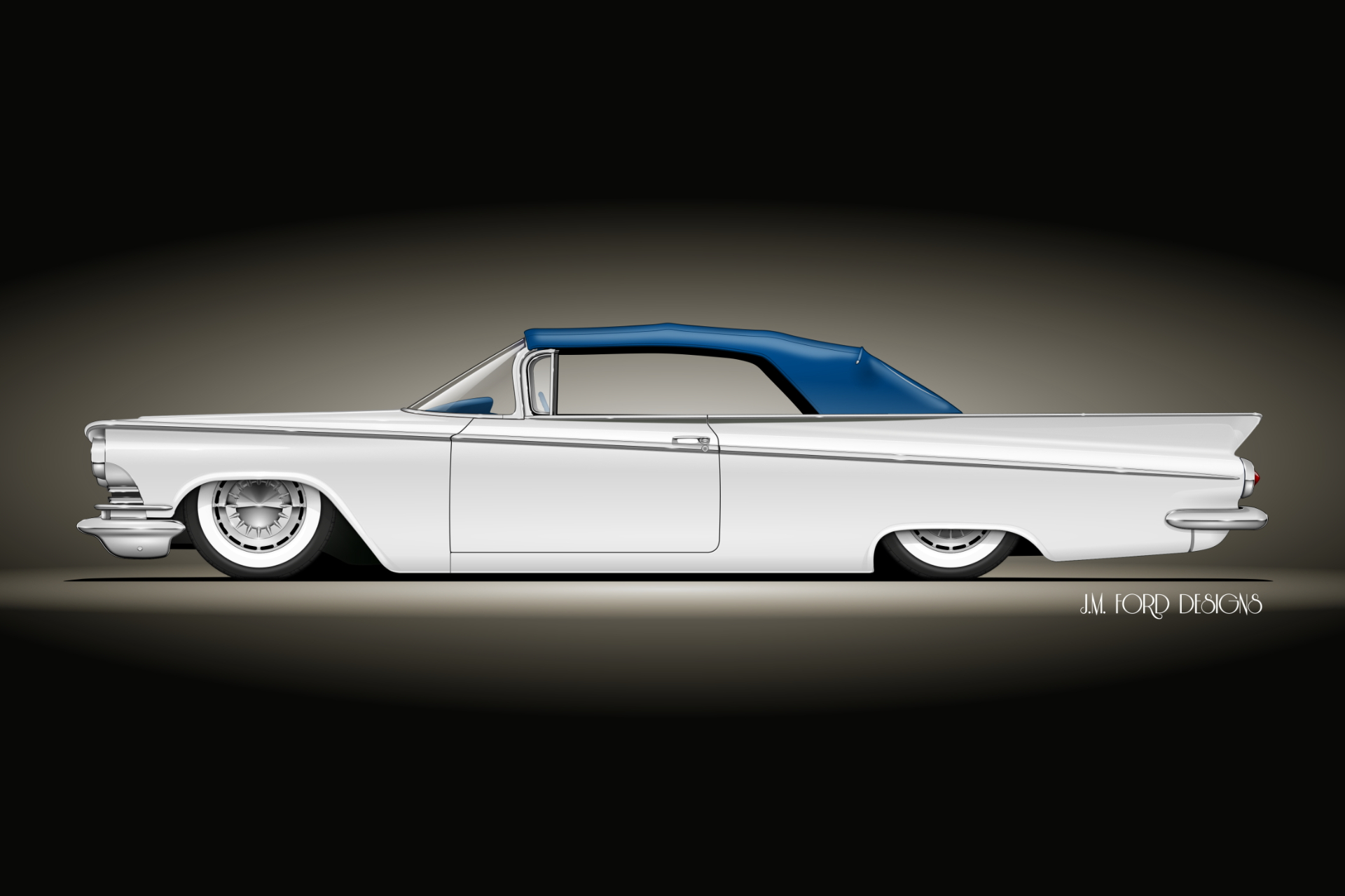 1959 Buick with blue convertible top, lowered stance rendering
