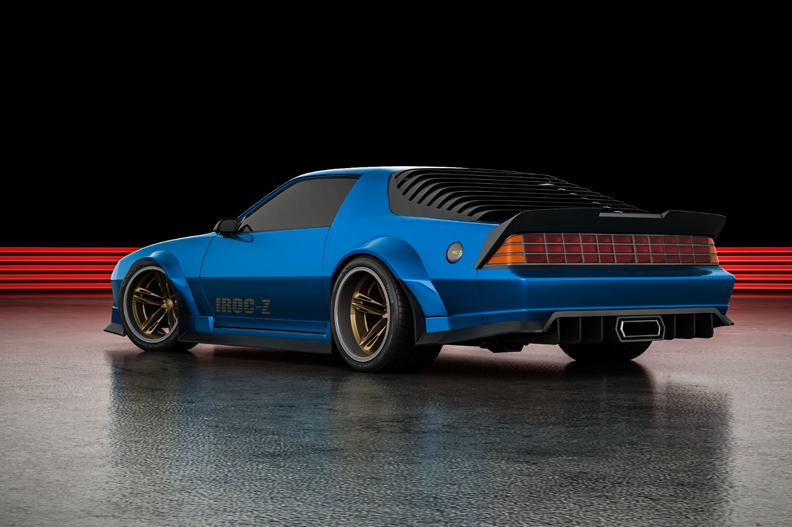 Rear three-quarter — window louvers, deck spoiler, and center-exit diffuser.