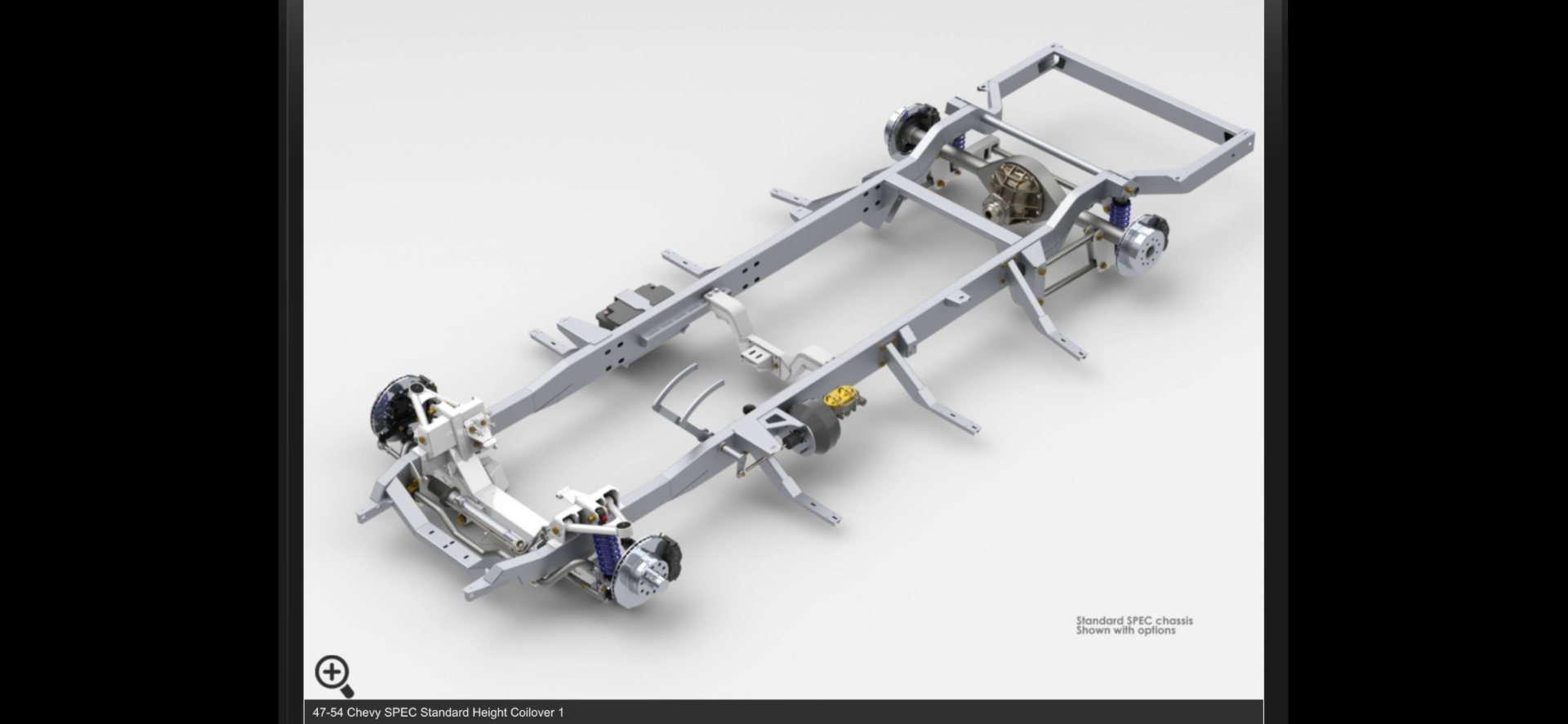 Roadster Shop SPEC chassis — standard ride height, coilovers, full front and rear suspension shown with options.