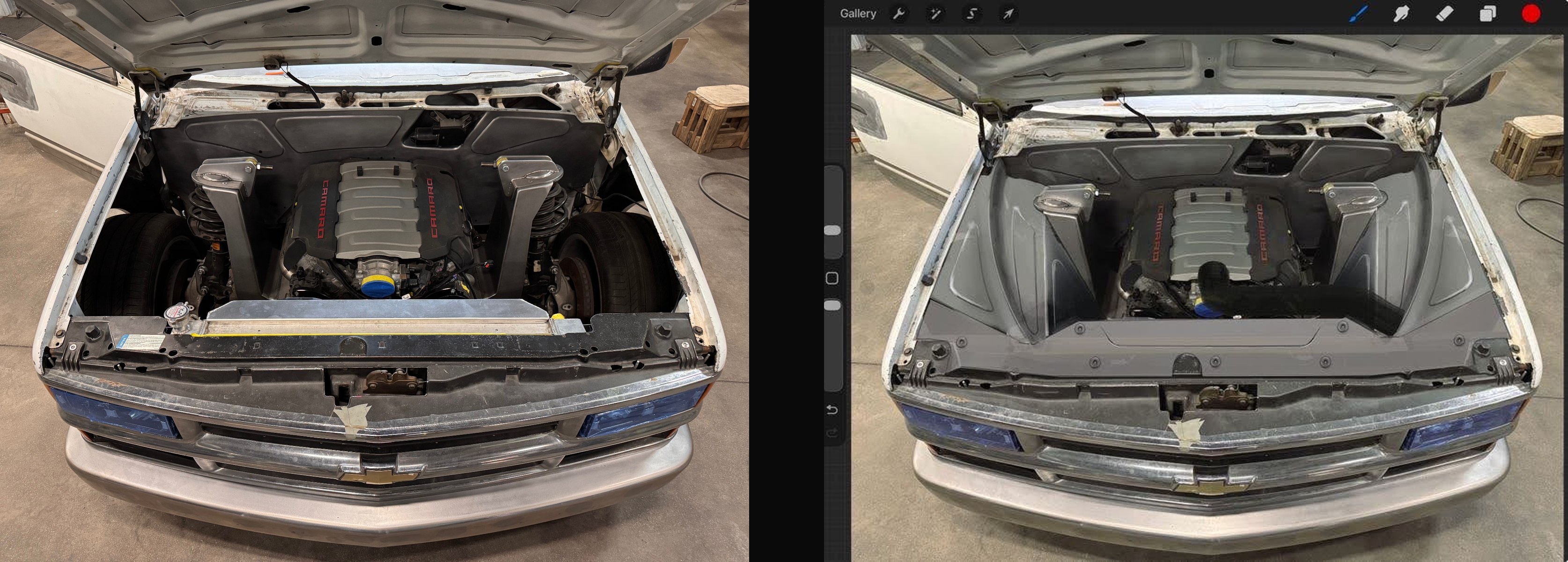 Engine bay: as-built LT1 install (left) next to the smoothed-firewall rendering target (right).