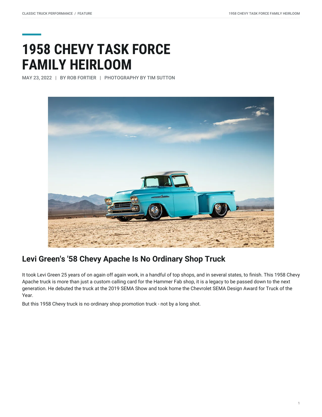Classic Truck Performance — 1958 Chevy Task Force Family Heirloom cover page