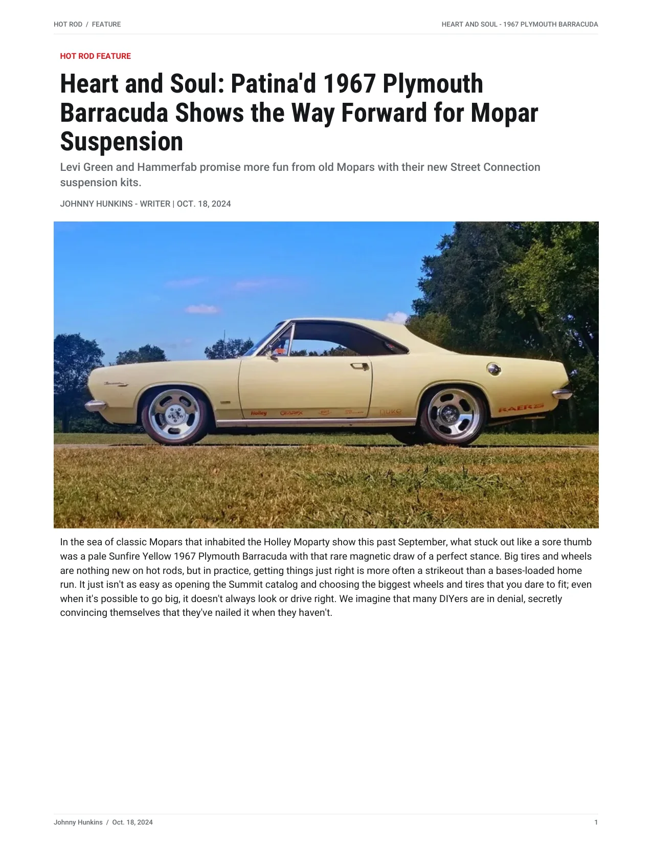 HOT ROD — Heart and Soul: Patina'd 1967 Plymouth Barracuda Shows the Way Forward for Mopar Suspension cover page